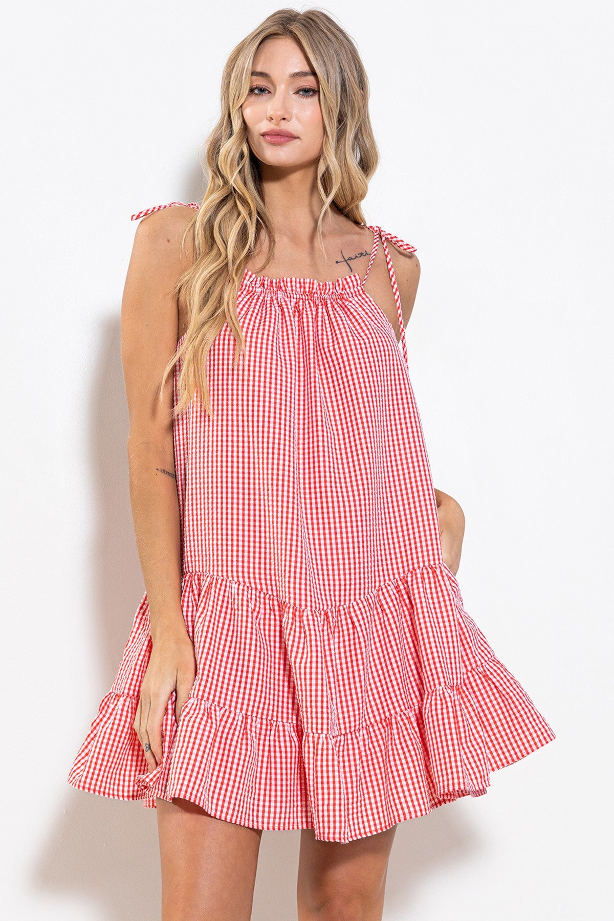 Tie-Shoulder Red Gingham Dress