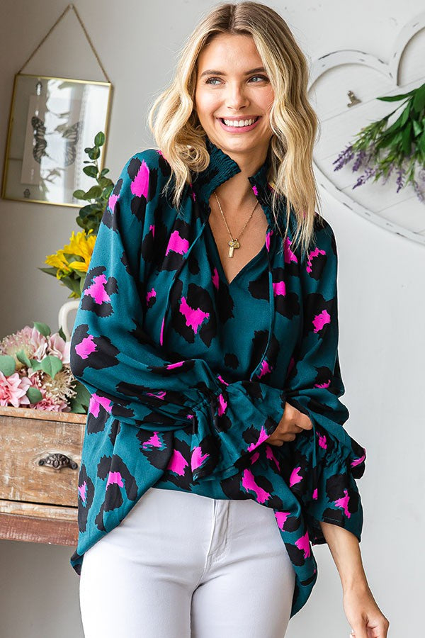 Loose Teal Leopard Top
