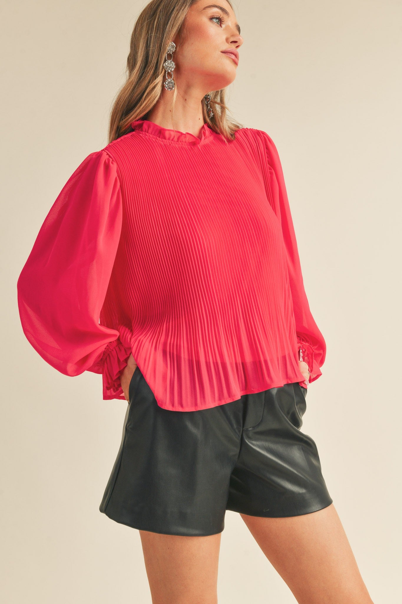 Pleated High Ruffle Neck Top