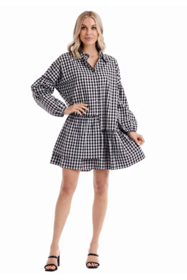 Mary Asymmetrical Ruffle Check Dress