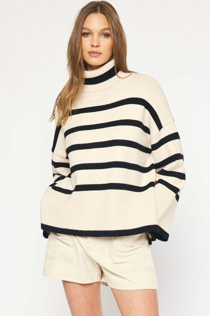 Loose Sleeve Striped Turtleneck Sweater